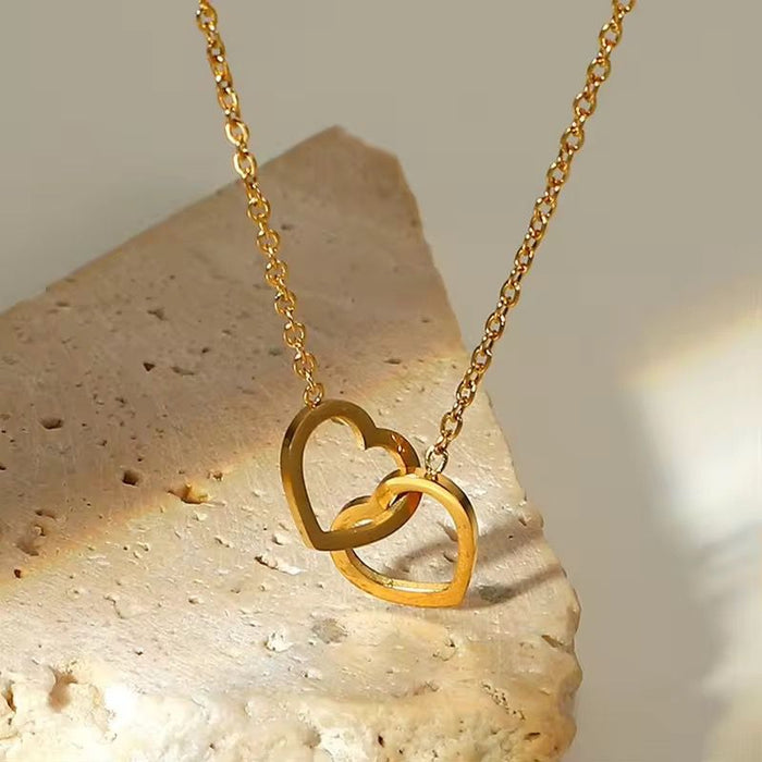 18K Real Gold-Plated Double Heart Ring Pendant Necklace for Women
