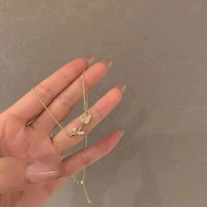 18K PVD Gold Plated Opal Tulip Rose Flower Pendant Necklace Korean Fashion Choker Jewelry for Women