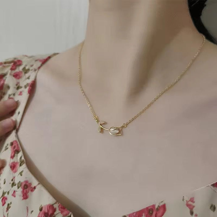 18K PVD Gold Plated Opal Tulip Rose Flower Pendant Necklace Korean Fashion Choker Jewelry for Women
