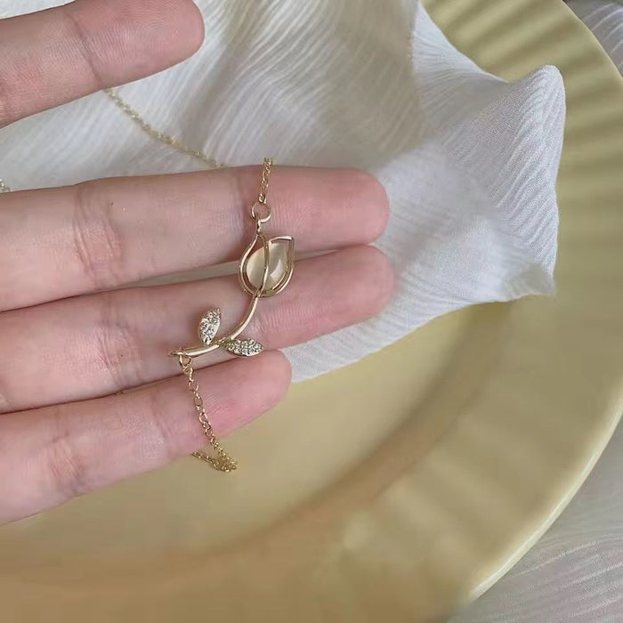 18K PVD Gold Plated Opal Tulip Rose Flower Pendant Necklace Korean Fashion Choker Jewelry for Women