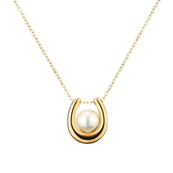 18K PVD Gold Plated U-Shaped Pearl Pendant Necklace for Women