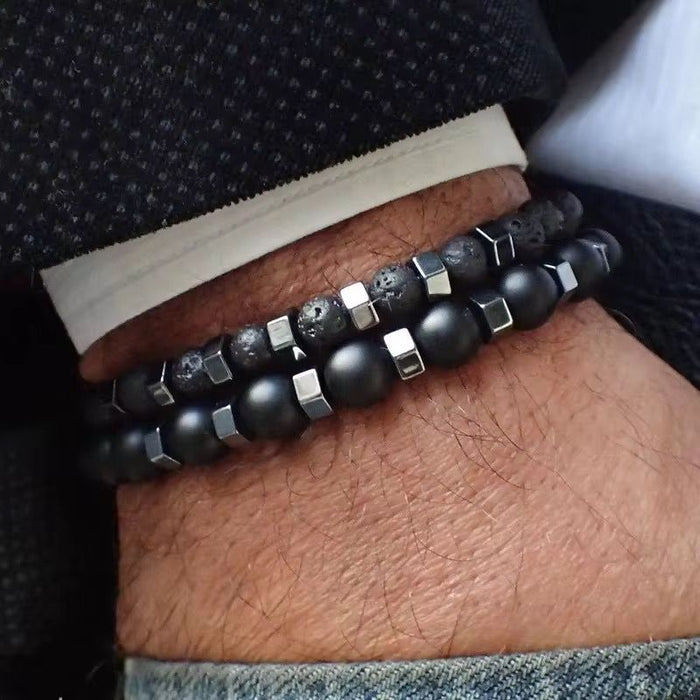 2pcs/set Beaded Bracelet Men 8mm Lava Tiger Eye Stone Bead Charm Men Bracelet Sets