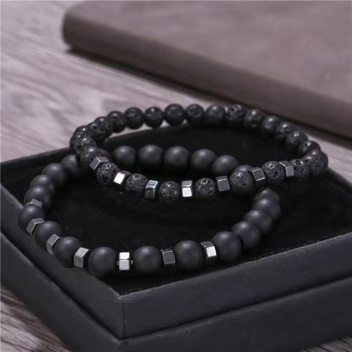 2pcs/set Beaded Bracelet Men 8mm Lava Tiger Eye Stone Bead Charm Men Bracelet Sets