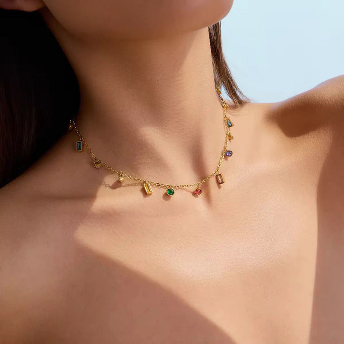 18K Real Gold-Plated Stainless Steel Colorful Stone Necklace for Women