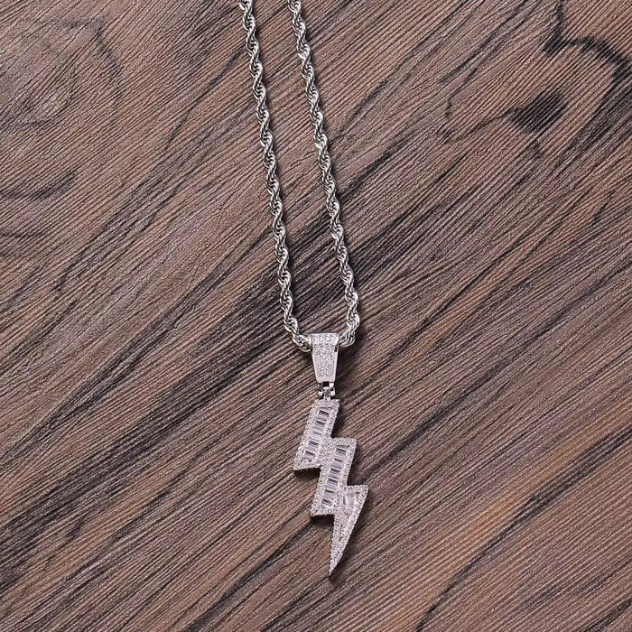 Men's Luxury Hypoallergic Lightning Zircon Pendant Hip Hop Style Stainless Steel Necklace
