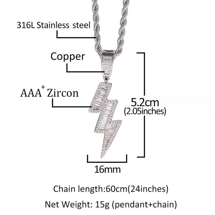 Men's Luxury Hypoallergic Lightning Zircon Pendant Hip Hop Style Stainless Steel Necklace
