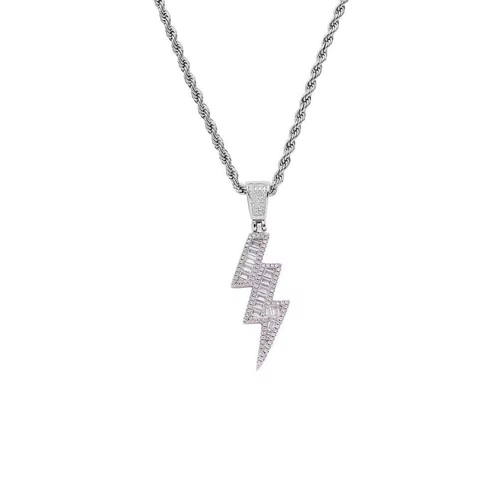 Men's Luxury Hypoallergic Lightning Zircon Pendant Hip Hop Style Stainless Steel Necklace
