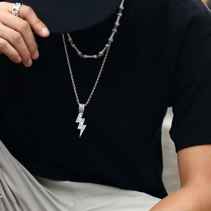 Men's Luxury Hypoallergic Lightning Zircon Pendant Hip Hop Style Stainless Steel Necklace