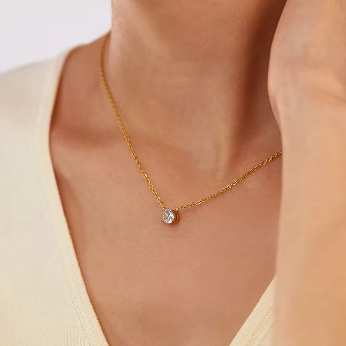 18K Real Gold-Plated Shimmering Single Diamond Pendant Necklace for Women