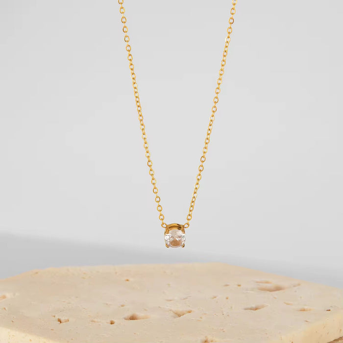 18K Real Gold-Plated Shimmering Single Diamond Pendant Necklace for Women
