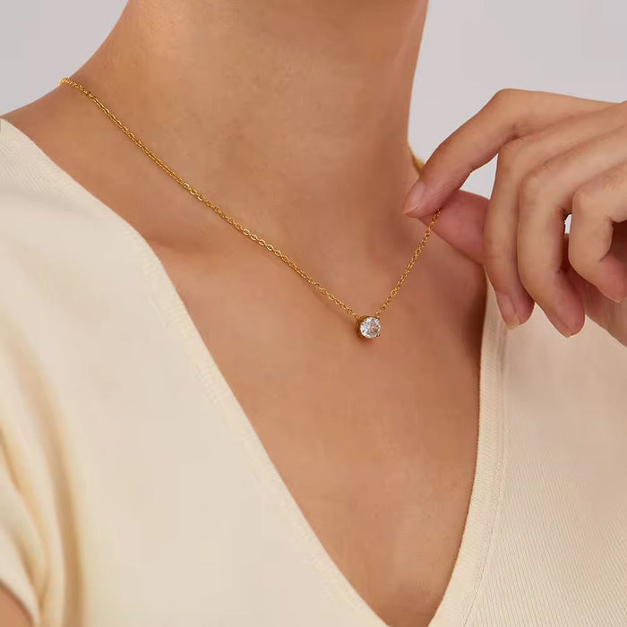 18K Real Gold-Plated Shimmering Single Diamond Pendant Necklace for Women