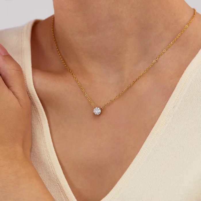 18K Real Gold-Plated Shimmering Single Diamond Pendant Necklace for Women