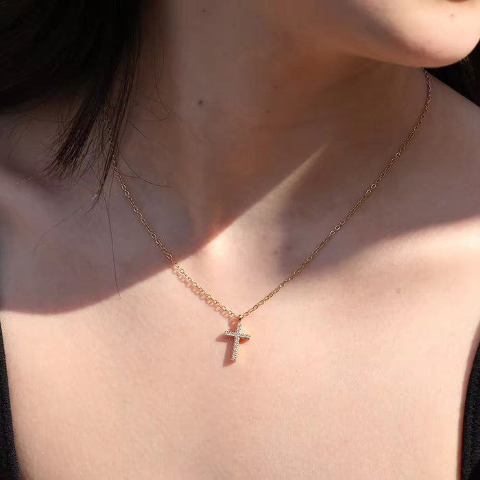 18K Real Gold-Plated Cross Zircon Religious Necklace for Women