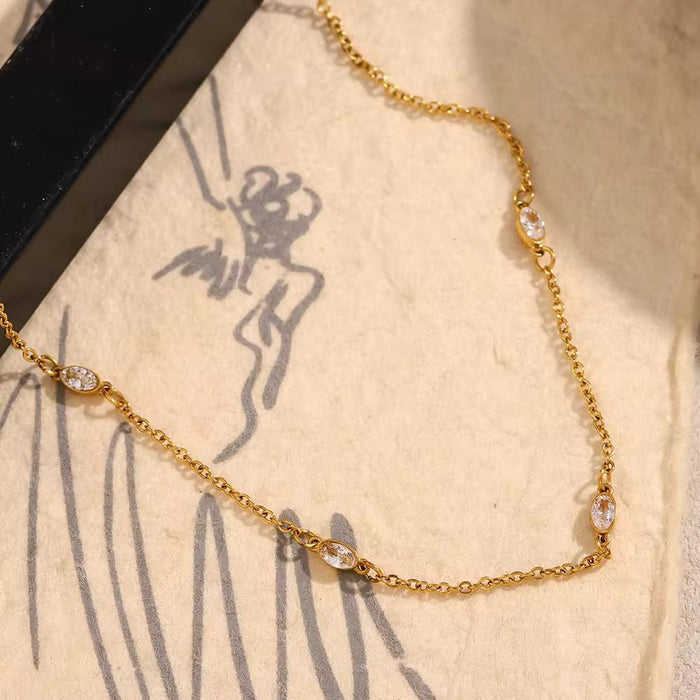 18K Real Gold-Plated Oval Zircon Studded Daily Wear Charm Necklace