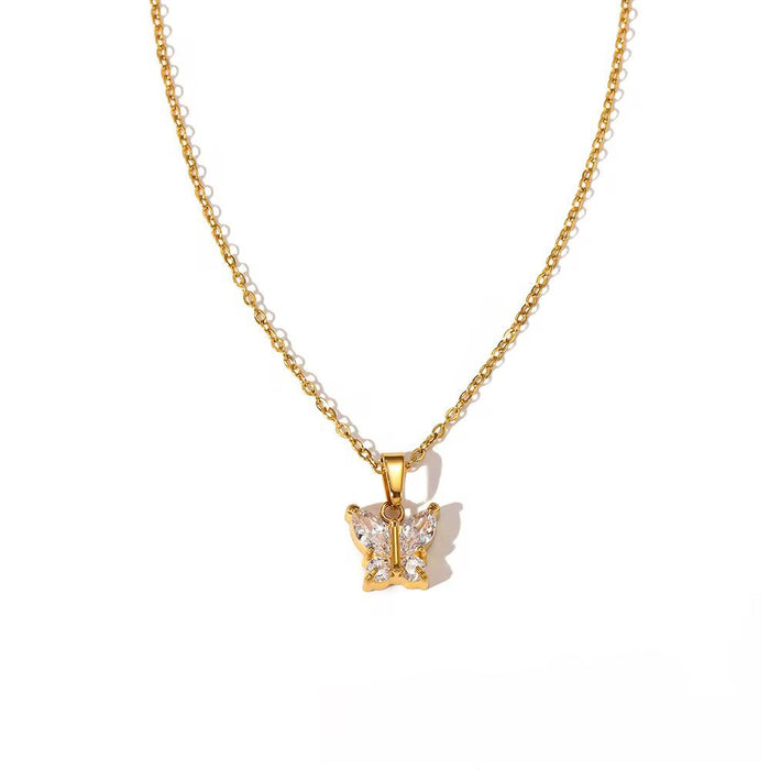18K Real Gold-Plated Butterfly CZ Zircon Diamond Pendant Necklace for Women