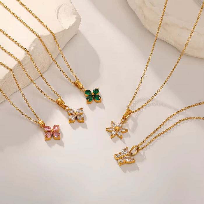 18K Real Gold-Plated Floral CZ Zircon Diamond Pendant Necklace for Women