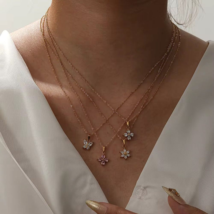 18K Real Gold-Plated Floral CZ Zircon Diamond Pendant Necklace for Women