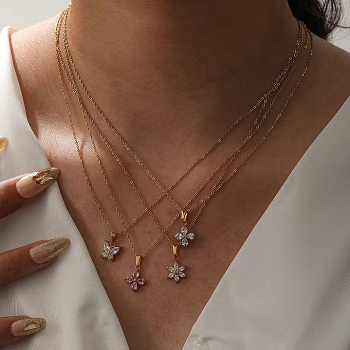 18K Real Gold-Plated Floral CZ Zircon Diamond Pendant Necklace for Women