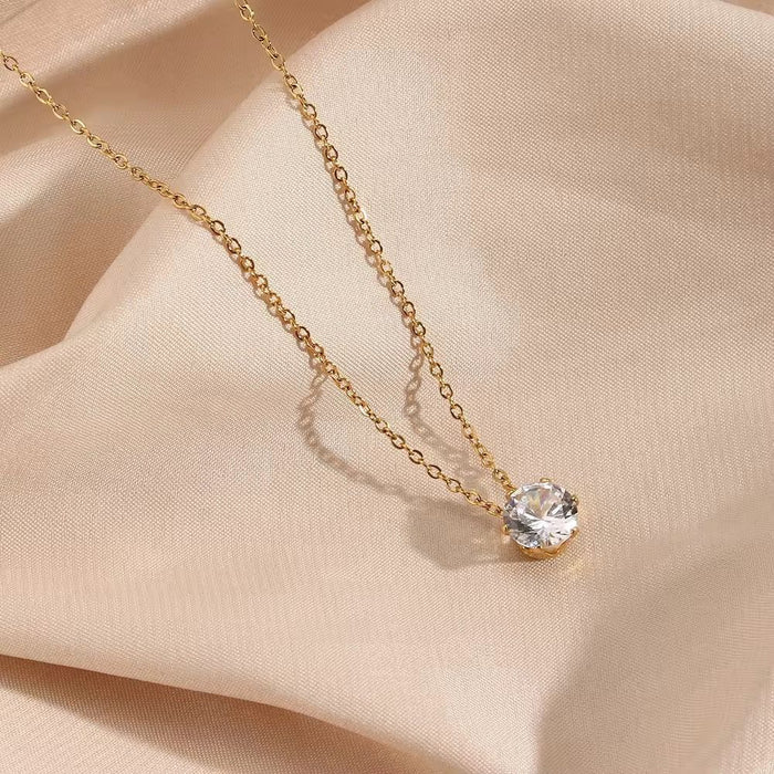 18K Real Gold-Plated Shimmering Single Diamond Pendant Necklace for Women