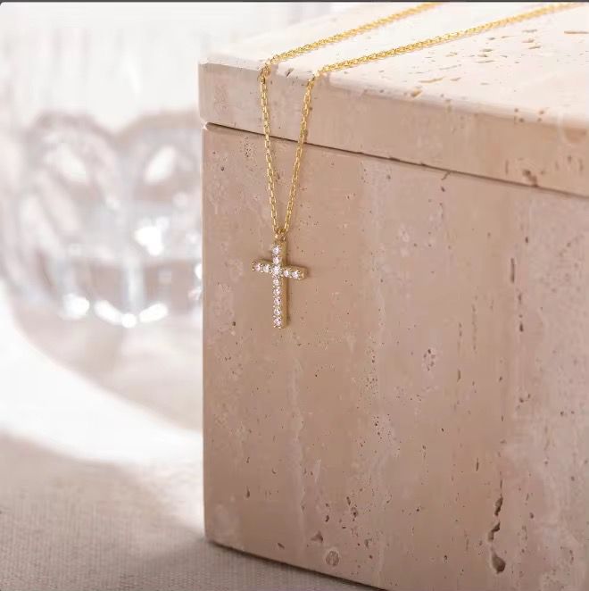 18K Real Gold-Plated Cross Zircon Religious Necklace for Women