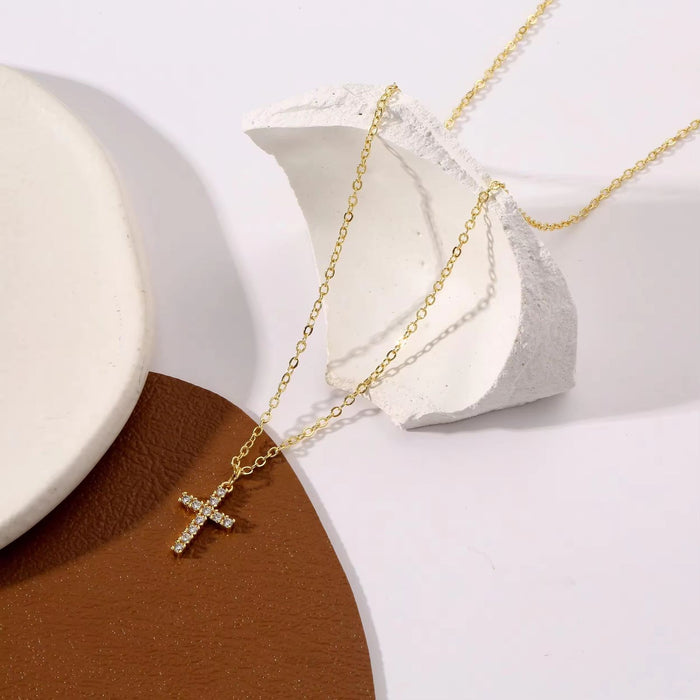 18K Real Gold-Plated Cross Zircon Religious Necklace for Women