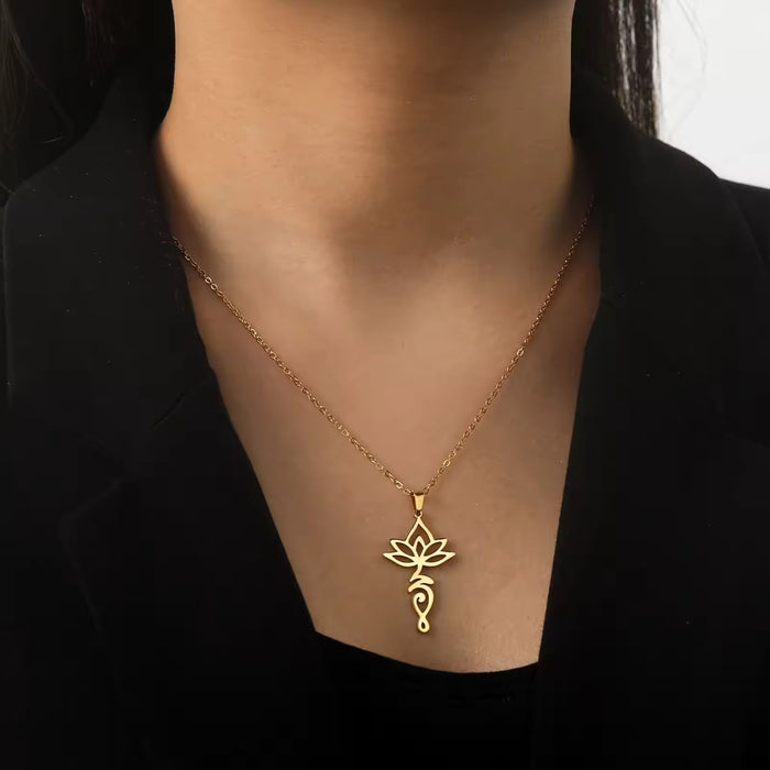 Spiritual 18K Real Gold-Plated Stainless-Steel Divine Lotus Necklace for Women
