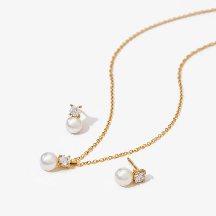18K Real Gold-Plated Stainless-Steel Classic Elegant Pearl Necklace and Earrings Set for Women