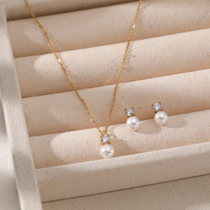 18K Real Gold-Plated Stainless-Steel Classic Elegant Pearl Necklace and Earrings Set for Women