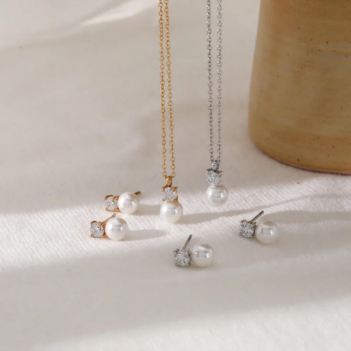18K Real Gold-Plated Stainless-Steel Classic Elegant Pearl Necklace and Earrings Set for Women