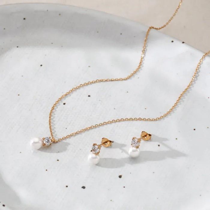 18K Real Gold-Plated Stainless-Steel Classic Elegant Pearl Necklace and Earrings Set for Women