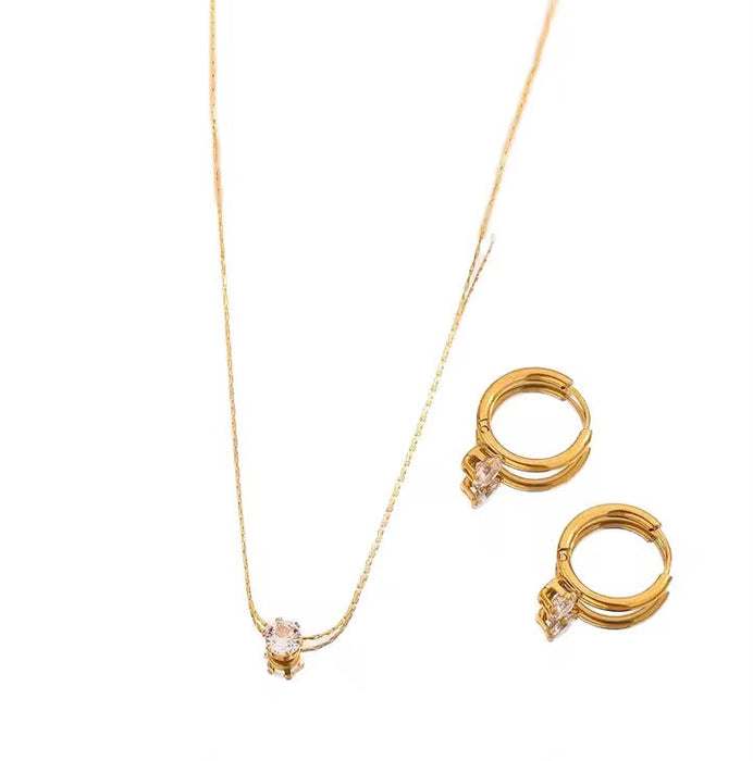 18K Real Gold-Plated Stainless-Steel Luxury Solitaire Diamond Necklace and Earrings Set for Women