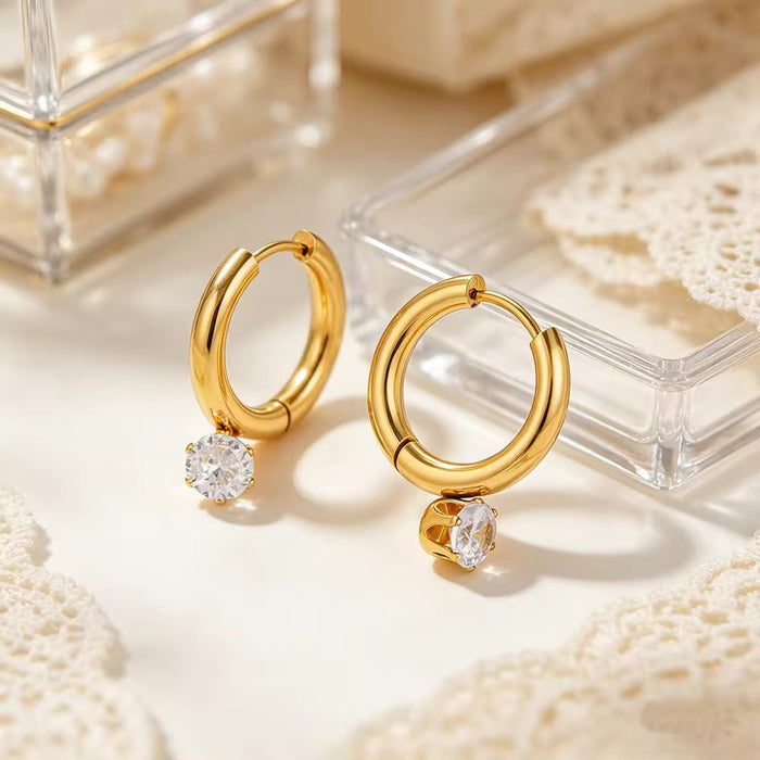 18K Real Gold-Plated Stainless-Steel Luxury Solitaire Diamond Necklace and Earrings Set for Women