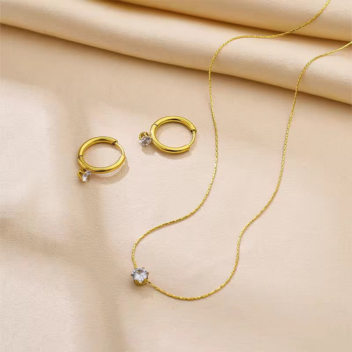 18K Real Gold-Plated Stainless-Steel Luxury Solitaire Diamond Necklace and Earrings Set for Women