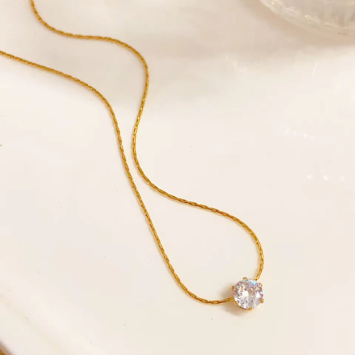 18K Real Gold-Plated Stainless-Steel Luxury Solitaire Diamond Necklace and Earrings Set for Women