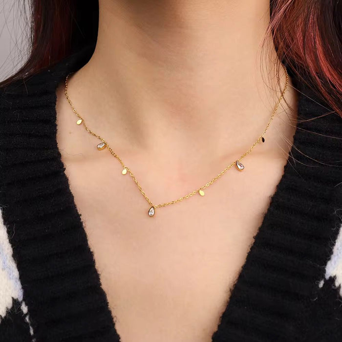 18k PVD Gold Plated Stainless Steel Waterproof Oval Waterdrop Diamond Necklace