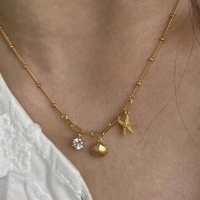 18K PVD Gold Plated Ocean Style Shell Starfish Zircon Stainless Steel Necklace