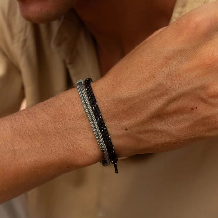 Pack of Volcanic Stone Bracelet with Square Black Onyx & Adjustable Handwoven Wristband Bracelet for Men (Pack of 3)