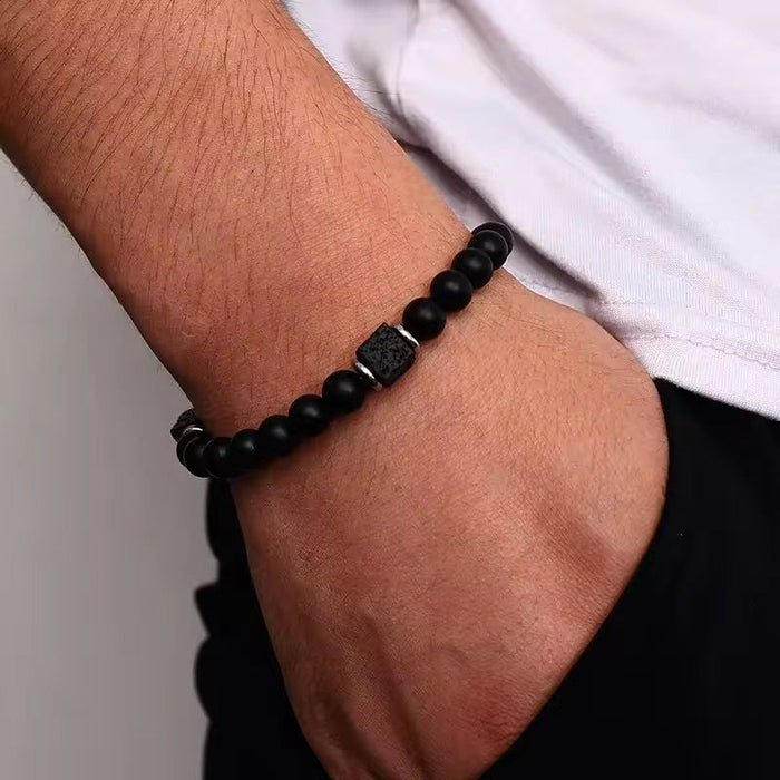 Pack of Volcanic Stone Bracelet with Square Black Onyx & Adjustable Handwoven Wristband Bracelet for Men (Pack of 3)