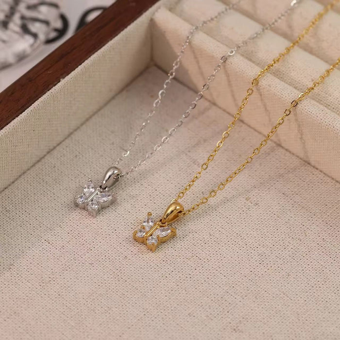 18K Real Gold-Plated Butterfly CZ Zircon Diamond Pendant Necklace for Women