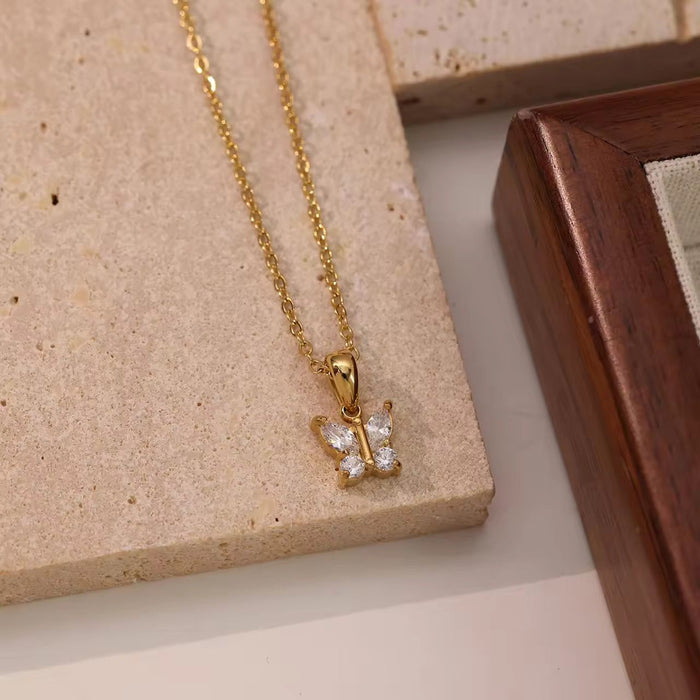 18K Real Gold-Plated Butterfly CZ Zircon Diamond Pendant Necklace for Women
