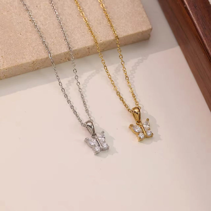 18K Real Gold-Plated Butterfly CZ Zircon Diamond Pendant Necklace for Women