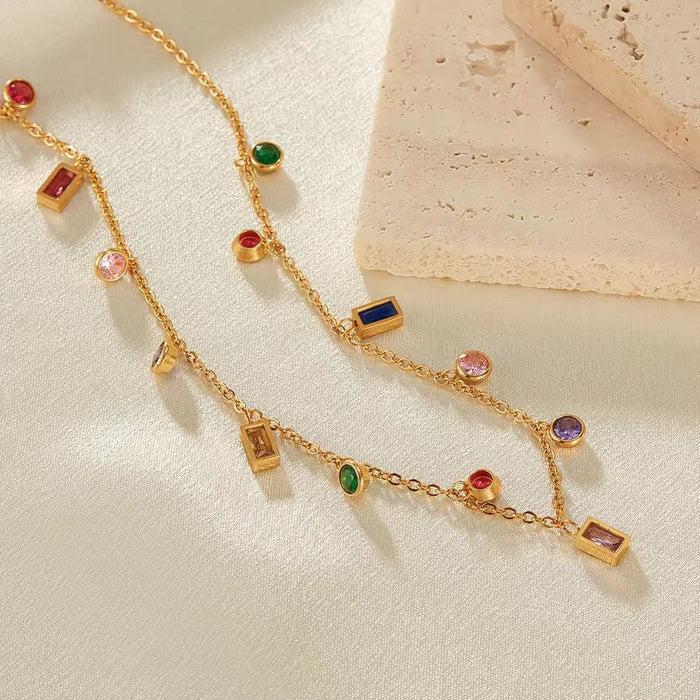 18K Real Gold-Plated Stainless Steel Colorful Stone Necklace for Women