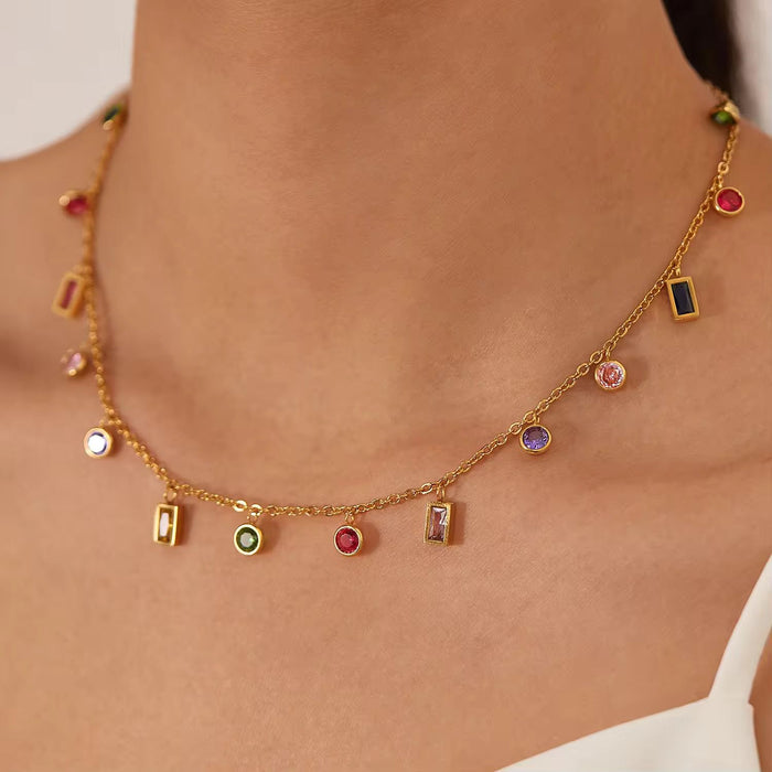 18K Real Gold-Plated Stainless Steel Colorful Stone Necklace for Women