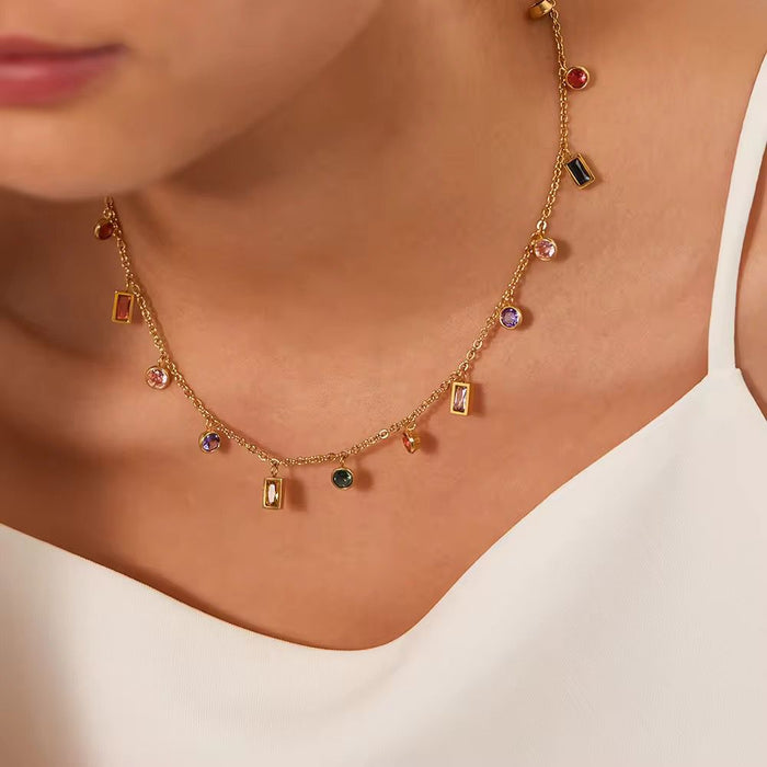 18K Real Gold-Plated Stainless Steel Colorful Stone Necklace for Women
