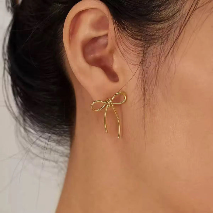 Pack of 18K Real Gold-Plated Stainless-Steel Bow Tie Necklace and Earrings for Women