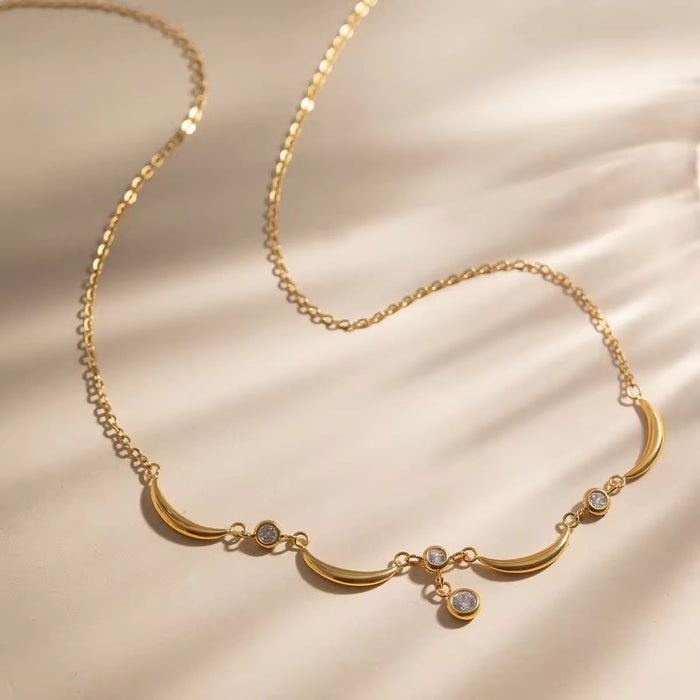 18K Real Gold-Plated Stainless-Steel Classic Bezel Setting Moon Wave Necklace for Women