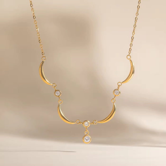 18K Real Gold-Plated Stainless-Steel Classic Bezel Setting Moon Wave Necklace for Women