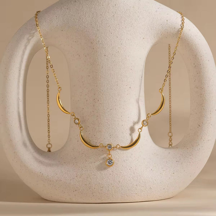 18K Real Gold-Plated Stainless-Steel Classic Bezel Setting Moon Wave Necklace for Women
