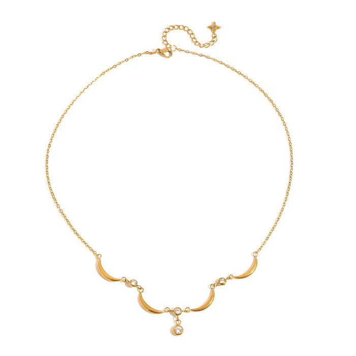 18K Real Gold-Plated Stainless-Steel Classic Bezel Setting Moon Wave Necklace for Women