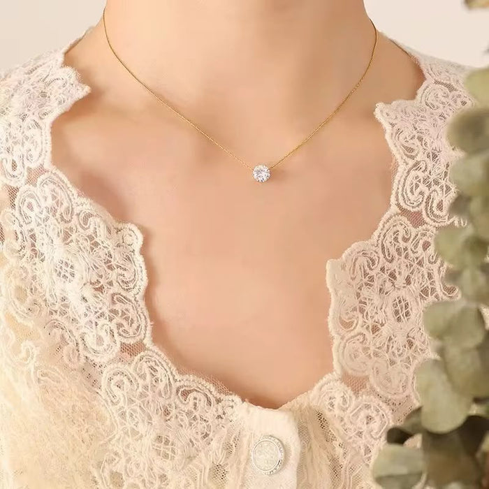 18K Real Gold-Plated Stainless-Steel Luxury Solitaire Diamond Necklace and Earrings Set for Women